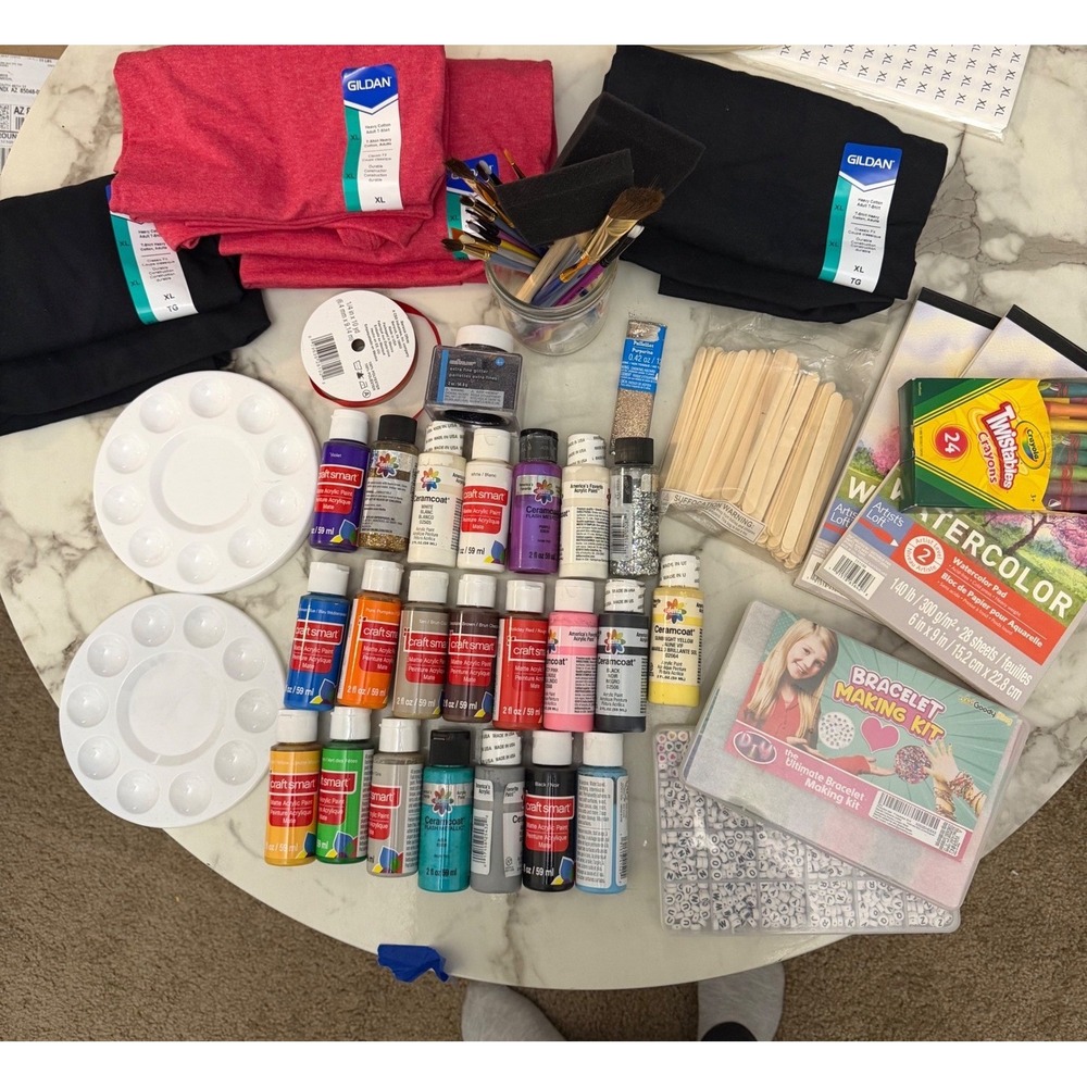 Huge Arts and Crafts Supply Lot Gildan XL Shirts Acrylic Paint Bracelet‎ Kit New